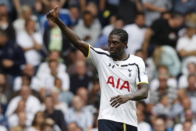 Tottenham Hotspur's Emmanuel Adebayor celebrates his goal against Queens Park Rangers during their English Premier League soccer match at White Hart Lane, London, Sunday, Aug. 24, 2014. (AP Photo/Sang Tan) Tottenham Hotspur's Emmanuel Adebayor celebrates his goal against Queens Park Rangers during their English Premier League soccer match at White Hart Lane, London, Sunday, Aug. 24, 2014. (AP Photo/Sang Tan)