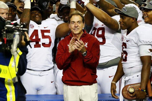 ATLANTA, GA - DECEMBER 06:  Head coach Nick Saban, Blake Sims #6 and the Alabama Crimson Tide celebrate their 42 to 13 win over the Missouri Tigers in the SEC Championship game at the Georgia Dome on December 6, 2014 in Atlanta, Georgia.  (Photo by Kevin C. Cox/Getty Images)
