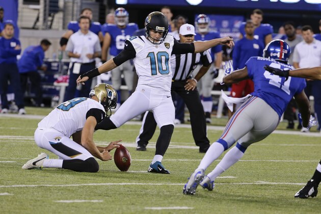 Jacksonville Jaguars' Josh Scobee (10) kicks a field goal during the first half of a preseason NFL football game against the New York Giants, Saturday, Aug. 22, 2015, in East Rutherford, N.J. (AP Photo/Peter Morgan)