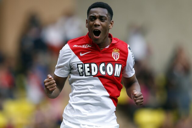 Monaco's French forward Anthony Martial celebrates after scoring a penalty during the French L1 football match between Monaco and Toulouse on May 3, 2015 at the Louis II Stadium in Monaco. AFP PHOTO / VALERY HACHE        (Photo credit should read VALERY HACHE/AFP/Getty Images)