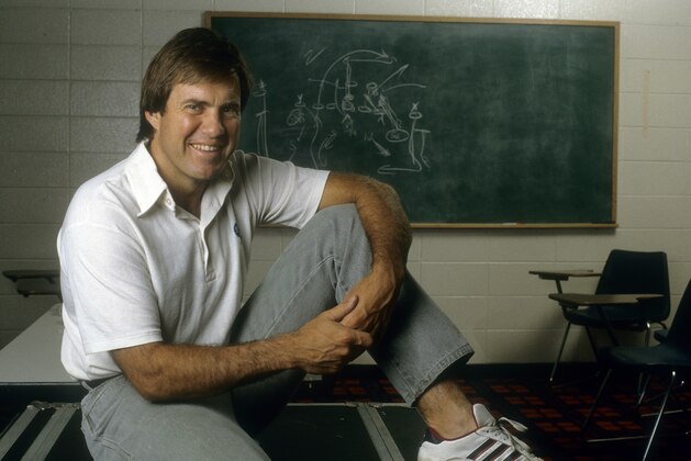 New York Giants defensive coach Bill Belichick is carried off the field on the shoulders of Thomas Johnson, left, and Greg Lasker after the defense shutout the Washington Redskins for a 17-0 win for the NFC Championship in East Rutherford, N.J., Sunday, Jan. 12, 1987.  (AP Photo/Susan Ragan)