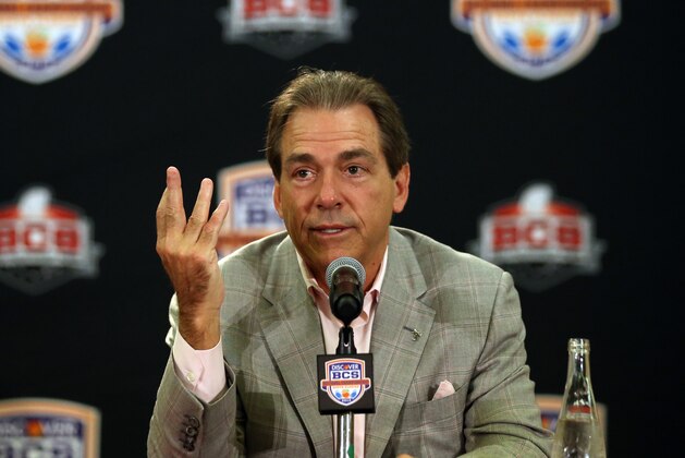 FORT LAUDERDALE, FL - JANUARY 08:  Head coach Nick Saban of the Alabama Crimson Tide speaks to the media during the Discover BCS National Championship Press Conference at the Harbor Beach Marriott on January 8, 2013 in Fort Lauderdale, Florida.  (Photo by Streeter Lecka/Getty Images)
