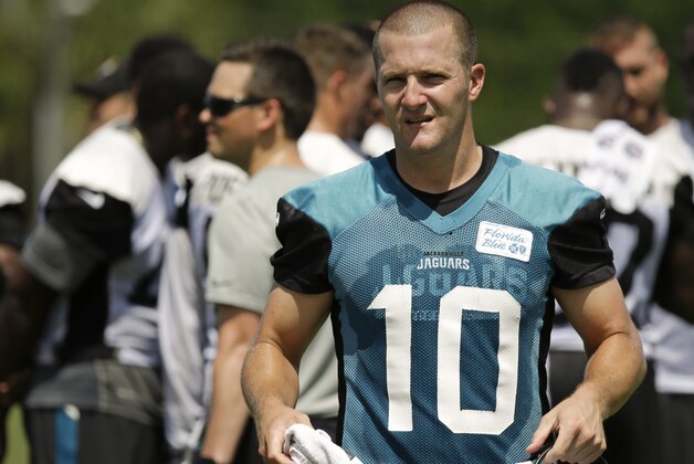 Jacksonville Jaguars kicker Josh Scobee walks off the field after NFL football organized training activities, Monday, June 8, 2015, in Jacksonville, Fla. (AP Photo/John Raoux)