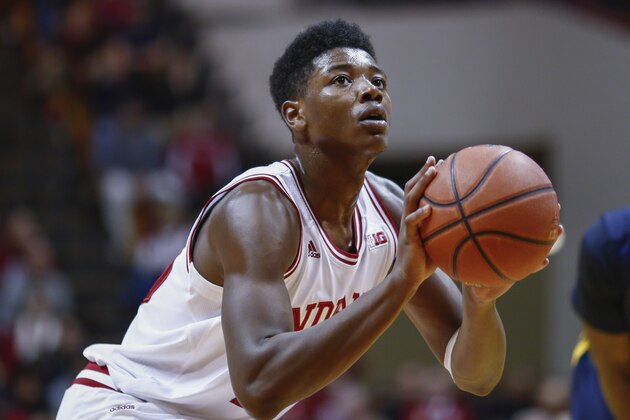 BLOOMINGTON, IN - NOVEMBER 28: Emmitt Holt #25 of the Indiana Hoosiers shoots a free throw during the game against the UNC-Greensboro Spartans at Assembly Hall on November 28, 2014 in Bloomington, Indiana. (Photo by Michael Hickey/Getty Images)