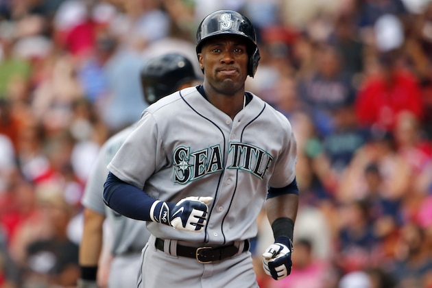 Seattle Mariners' Austin Jackson after his home run against the Boston Red Sox in a baseball game at Fenway Park in Boston Saturday, Aug. 15, 2015.(AP Photo/Winslow Townson)