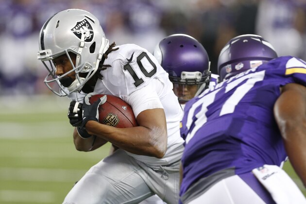 Oakland Raiders wide receiver Seth Roberts rushes during the first half of a preseason NFL football game against the Minnesota Vikings, Saturday, Aug. 22, 2015, in Minneapolis. (AP Photo/Jim Mone)