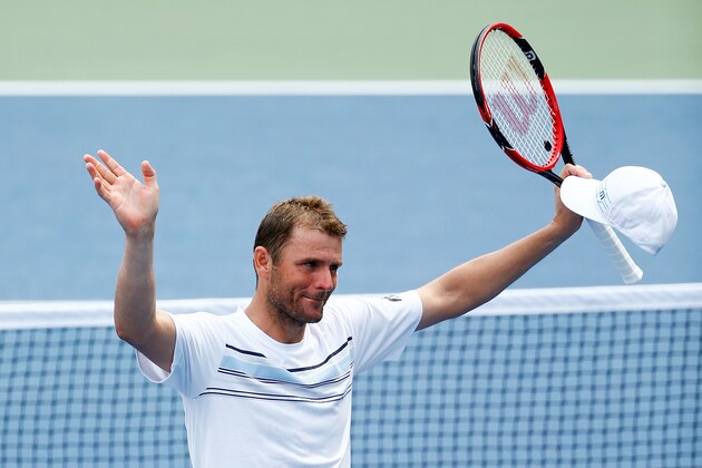 NEW YORK, NY - AUGUST 31:  Mardy Fish of the United States reacts after defeating Marco Cecchinato of Italy during his Men's Singles First Round match on Day One of the 2015 US Open at the USTA Billie Jean King National Tennis Center on August 31, 2015 in the Flushing neighborhood of the Queens borough of New York City.  (Photo by Al Bello/Getty Images)
