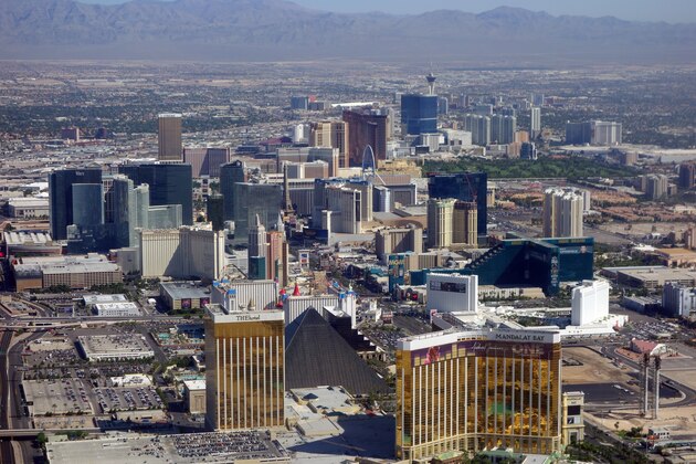 Las Vegas Boulevard, also known as the Las Vegas Strip, including the Mandalay Bay, the Luxor, MGM Grand,  other hotels and casinos that are part of the Las Vegas skyline, are seen in this aerial photograph over Las Vegas, Nevada, on September 5, 2013. AFP PHOTO / Saul LOEB        (Photo credit should read SAUL LOEB/AFP/Getty Images)