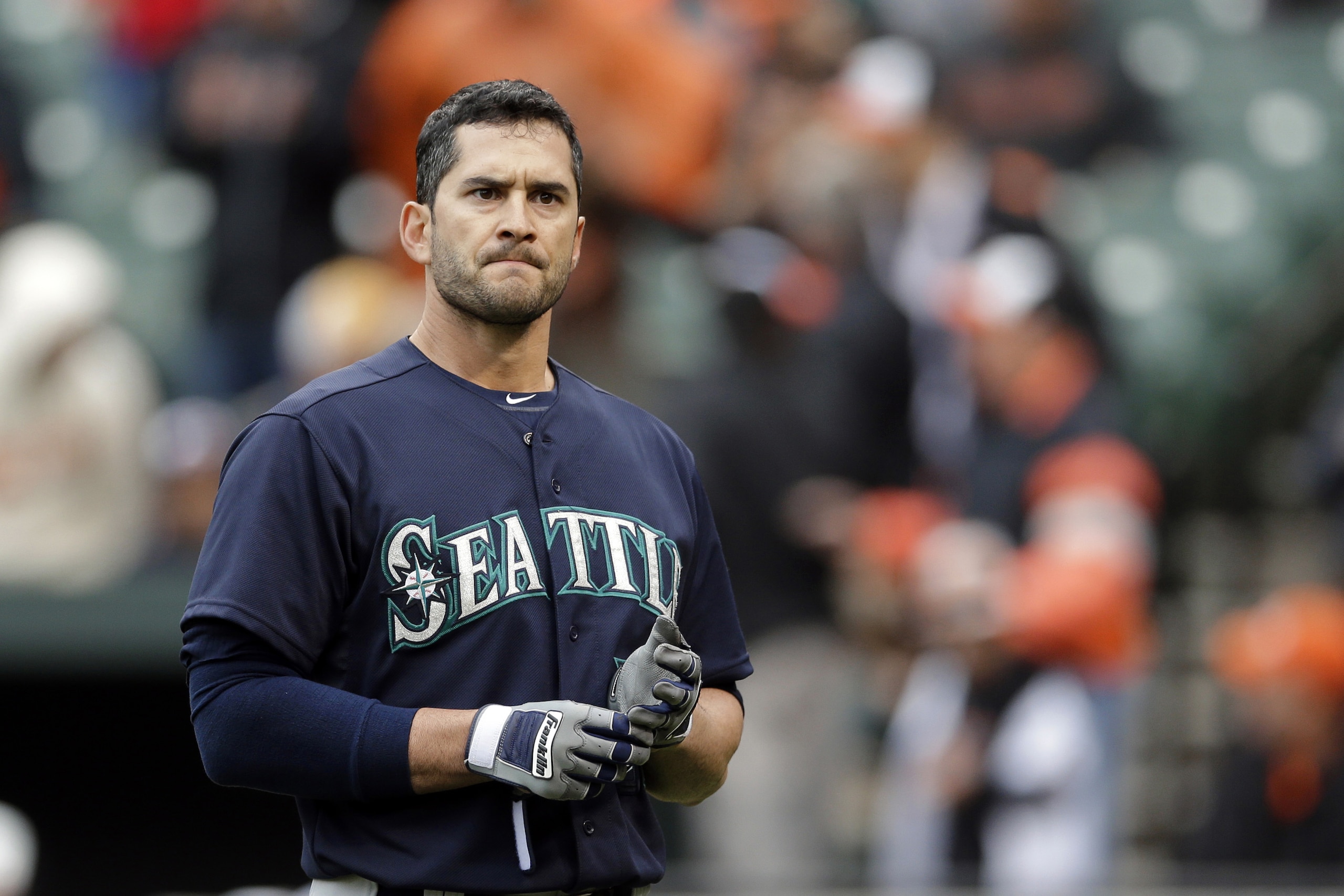 Seattle Mariners' Justin Ruggiano reacts after striking out swinging to end the top of the seventh inning with the bases loaded in a baseball game against the Baltimore Orioles, Thursday, May 21, 2015, in Baltimore. Baltimore won 5-4. (AP Photo/Patrick Semansky)