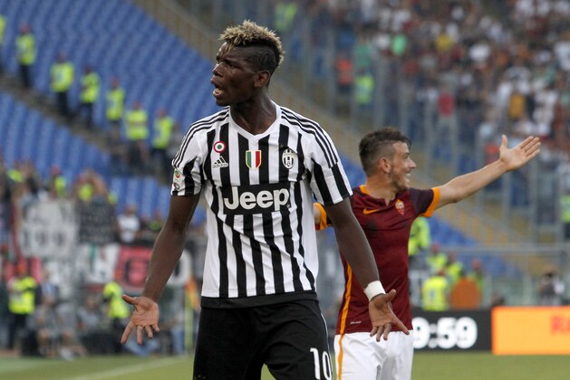 Juventus’ Paul Pogba reacts during a Serie A soccer match between Roma and Juventus, at Rome's Olympic stadium, Sunday, Aug. 30, 2015. (AP Photo/Riccardo De Luca)