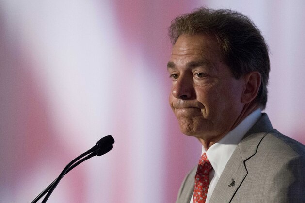 Alabama coach Nick Saban speaks to the media at the Southeastern Conference NCAA college football media days, Wednesday, July 15, 2015, in Hoover, Ala. (AP Photo/Brynn Anderson)