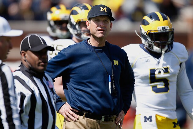 ANN ARBOR, MI - APRIL 04: Head coach Jim Harbaugh of the Michigan Wolverines looks on during the Michigan Football Spring Game on April 4, 2015 at Michigan Stadium in Ann Arbor, Michigan.  (Photo by Gregory Shamus/Getty Images)