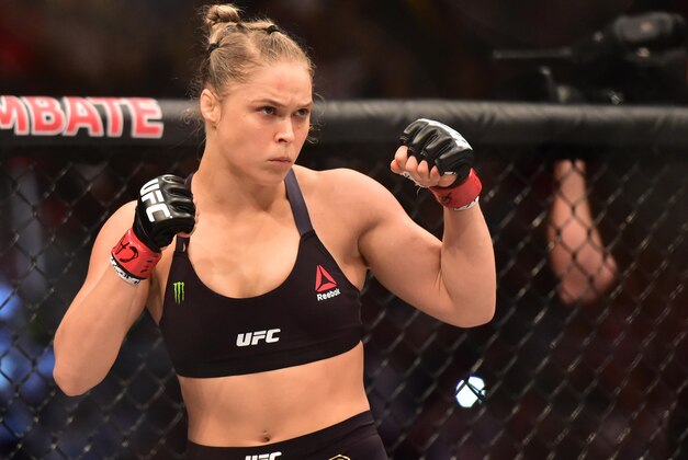 Aug 1, 2015; Rio de Janeiro, RJ, Brazil; Ronda Rousey (red gloves) looks on prior to her fight against Bethe Correia (not pictured) during UFC 190 at HSBC Arena. Mandatory Credit: Jason Silva-USA TODAY Sports