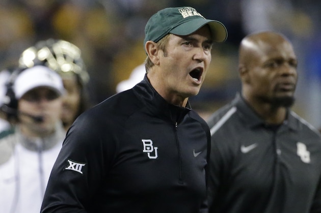 Baylor head coach Art Briles yells from the sideline during the first half of the Cotton Bowl NCAA college football game Michigan State Thursday, Jan. 1, 2015, in Arlington, Texas. (AP Photo/LM Otero)