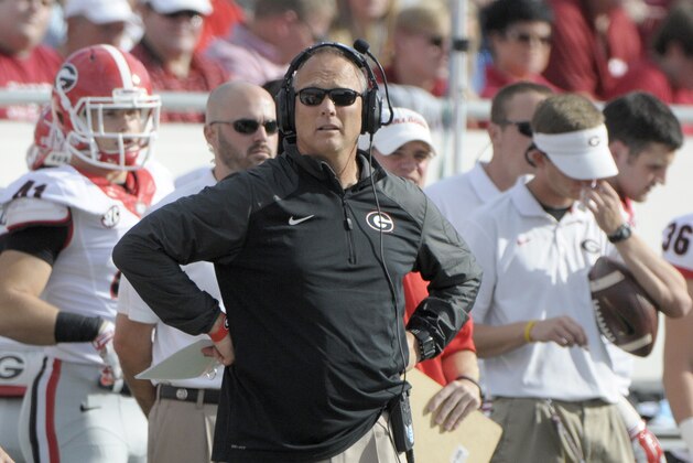 Georgia coach Mark Richt watches the first half of an NCAA college football game against Arkansas in Little Rock, Ark., Saturday, Oct. 18, 2014. (AP Photo/David Quinn)