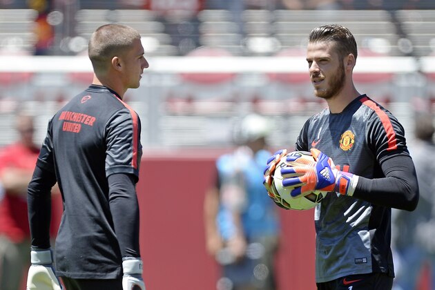 SANTA CLARA, CA - JULY 25:  Goalkeepers David De Gea #1 of Manchester United holding the soccer ball talks with Sam Johnstone #50 during warm up before the start of International Champions Cup friendly soccer match against FC Barcelona at the Levi's Stadium July 25, 2015 in Santa Clara, California. (Photo by Kevork Djansezian/Getty Images)