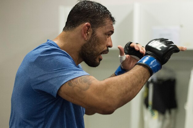 RIO DE JANEIRO, BRAZIL - AUGUST 01:  Rodrigo 'Minotauro' Nogueira of Brazil warms up backstage during the UFC 190 event inside HSBC Arena on August 1, 2015 in Rio de Janeiro, Brazil.  (Photo by Jeff Bottari/Zuffa LLC/Zuffa LLC via Getty Images)