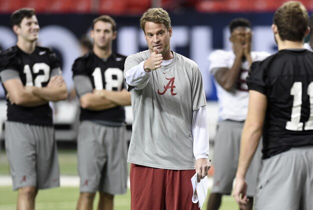 Dec 5, 2014; Atlanta, GA, USA;  Alabama Crimson Tide offensive coordinator Lane Kiffin works with quarterbacks and receivers during practice at the Georgia Dome. Alabama plays the Missouri Tigers in the SEC Championship on Saturday. Mandatory Credit: John David Mercer-USA TODAY Sports