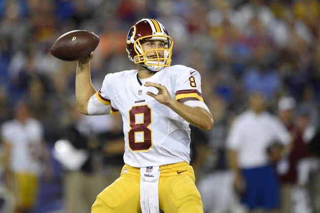 In this photo taken Aug. 29, 2015, Washington Redskins quarterback Kirk Cousins throws to a receiver in the first half of a preseason NFL football game against the Baltimore Ravens, in Baltimore. Cousins will start the season as Washington's quarterback, Redskins coach Jay Gruden said Monday. With Robert Griffin III still in the NFL's concussion protocol program, Gruden opted for Cousins, who was drafted along with Griffin in 2012 and has started nine games when Griffin has been hurt, going 2-7. (AP Photo/Nick Wass)