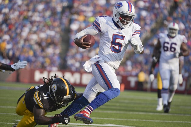 Buffalo Bills quarterback Tyrod Taylor (5) gets past Pittsburgh Steelers inside linebacker Sean Spence (51) on a touchdown run during the second half of a preseason NFL football game on Saturday, Aug. 29, 2015, in Orchard Park, N.Y. (AP Photo/Gary Wiepert)