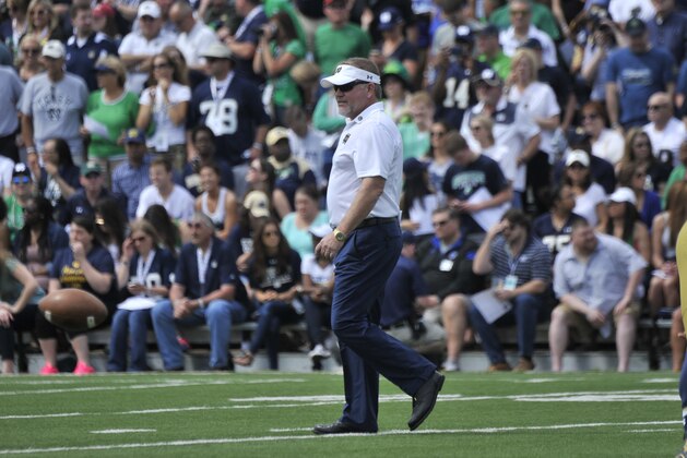 Notre Dame coach Brian Kelly walks onto the field before the Blue Gold game Saturday April 18, 2015 in South Bend, Ind. (AP Photo/Joe Raymond)