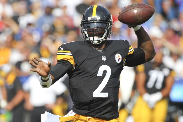 Pittsburgh Steelers quarterback Michael Vick (2) passes against the Buffalo Bills during the first half of a preseason NFL football game on Saturday, Aug. 29, 2015, in Orchard Park, N.Y. (AP Photo/Bill Wippert)