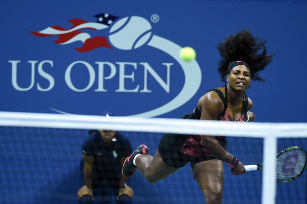 Serena Williams of the US serves the ball to Vitalia Diatchenko of Russia during their Womens Singles Round 1 match at the 2015 US Open at USTA Billie Jean King National Tennis Center in New York on August 31, 2015. AFP PHOTO/JEWEL SAMAD        (Photo credit should read JEWEL SAMAD/AFP/Getty Images)