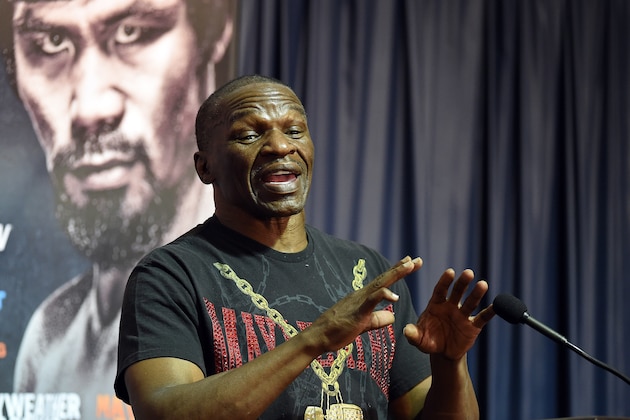 LAS VEGAS, NV - APRIL 30:  WBC/WBA welterweight champion Floyd Mayweather Jr's. trainer and father Floyd Mayweather Sr. speaks during a news conference ahead of the unification fight between his son and WBO welterweight champion Manny Pacquiao at MGM Grand Hotel & Casino on April 30, 2015 in Las Vegas, Nevada. The two boxers will face each other on May 2, 2015 in Las Vegas.  (Photo by Ethan Miller/Getty Images)