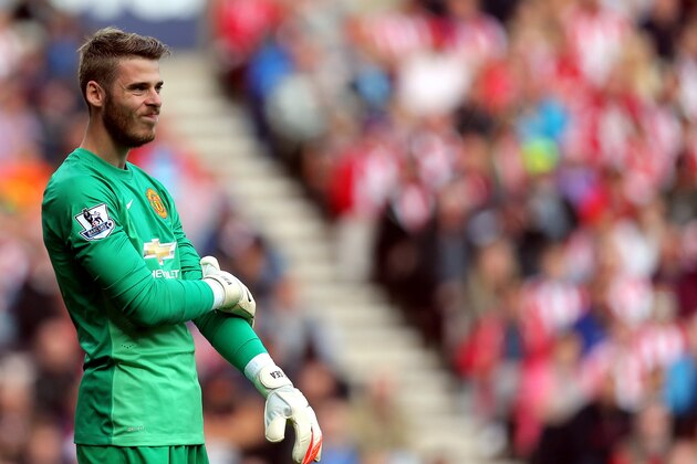 Manchester United's goalkeeper David De Gea during their English Premier League soccer match against Sunderland at the Stadium of Light, Sunderland, England, Sunday, Aug. 24, 2014. (AP Photo/Scott Heppell)