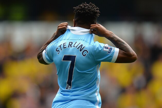 MANCHESTER, ENGLAND - AUGUST 29:  Raheem Sterling of Manchester City celebrates scoring his first goal for Manchester City during the Barclays Premier League match between Manchester City and Watford at the Etihad Stadium on August 29, 2015 in Manchester, United Kingdom.  (Photo by Tony Marshall/Getty Images)