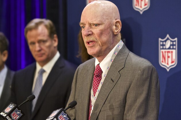 Houston Texans owner Bob McNair speaks at an NFL press conference  during an owners meeting, Wednesday, Dec. 10, 2014, in Irving, Texas. At left is NFL commissioner Roger Goodell. (AP Photo/Brandon Wade)