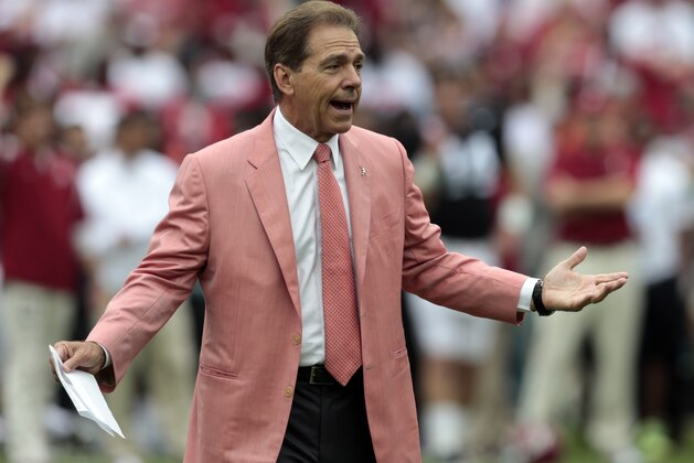 Alabama head coach Nick Saban reacts to a play during the first half of Alabama's spring NCAA college football game, Saturday, April 18, 2015, in Tuscaloosa, Ala. (AP Photo/Butch Dill)