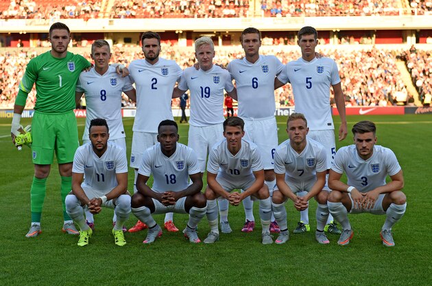 BARNSLEY, ENGLAND - JUNE 11:  England U21 team. Back Row, L/R Jack Butland, James Ward-Prowse, Carl Jenkinson, William Hughes, Ben Gibson, John Stones. Front row L/R Nathan Redmond, Saido Berahino, Thomas Carroll,  Alex Prichard, Luke Garbutt  during the international friendly match between England U21 and Belarus U21 at Oakwell Stadium on June 11, 2015 in Barnsley, England.  (Photo by Ross Kinnaird/Getty Images)