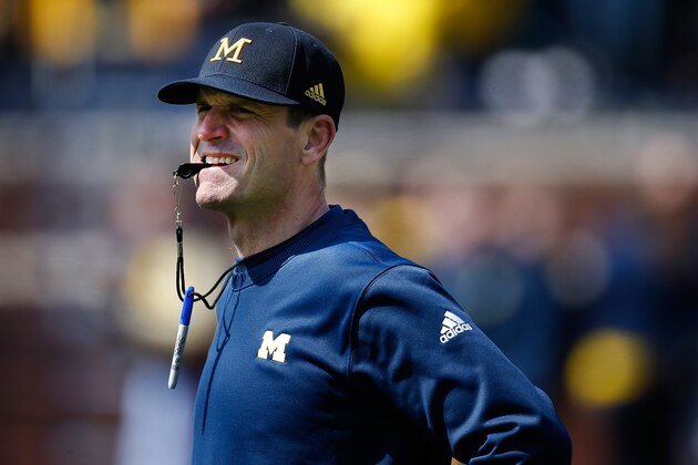 ANN ARBOR, MI - APRIL 04: Head coach Jim Harbaugh of the Michigan Wolverines looks on during the Michigan Football Spring Game on April 4, 2015 at Michigan Stadium in Ann Arbor, Michigan.  (Photo by Gregory Shamus/Getty Images)