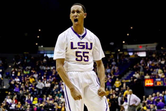 Jan 10, 2015; Baton Rouge, LA, USA; LSU Tigers guard Tim Quarterman (55) reacts after blocking a shot against the Georgia Bulldogs during the second overtime period of a game at the Pete Maravich Assembly Center. LSU defeated Georgia in double overtime 87-84. Mandatory Credit: Derick E. Hingle-USA TODAY Sports