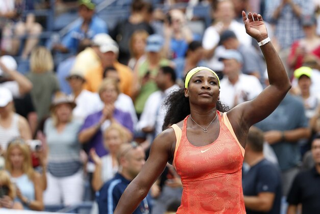 Sep 2, 2015; New York, NY, USA; Serena Williams of the United States waves to the crowd after her match against Kiki Bertens of the Netherlands (not pictured) on day three of the 2015 U.S. Open tennis tournament at USTA Billie Jean King National Tennis Center. Williams won 7-6 (5), 6-3. Mandatory Credit: Geoff Burke-USA TODAY Sports