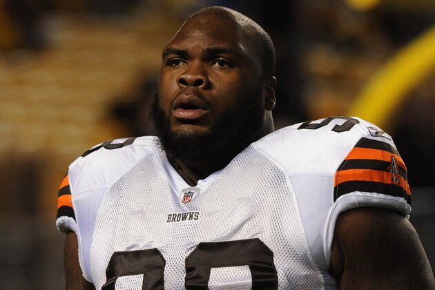 PITTSBURGH, PA - DECEMBER 08:  Defensive lineman Phil Taylor #98 of the Cleveland Browns looks on from the field before a game against the Pittsburgh Steelers at Heinz Field on December 8, 2011 in Pittsburgh, Pennsylvania.  The Steelers defeated the Browns 14-3.  (Photo by George Gojkovich/Getty Images)