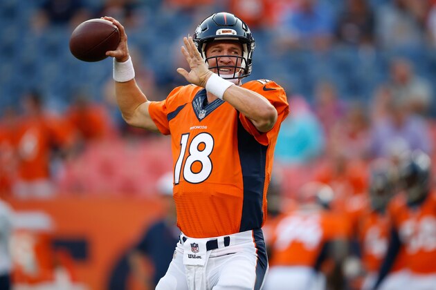 DENVER, CO - AUGUST 29:  Quarterback Peyton Manning #18 of the Denver Broncos warms up prior to facing the San Francisco 49ers during preseason action at Sports Authority Field at Mile High on August 29, 2015 in Denver, Colorado. The Broncos defeated the 49ers 19-12.  (Photo by Doug Pensinger/Getty Images)