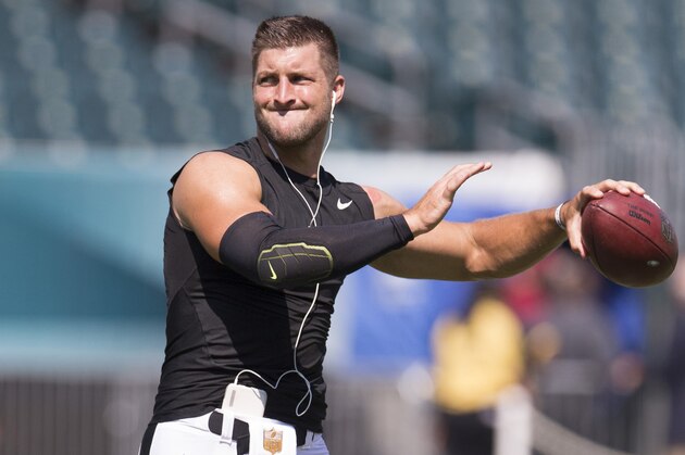 PHILADELPHIA, PA - AUGUST 16: Tim Tebow #11 of the Philadelphia Eagles warms up prior to the game against the Indianapolis Colts on August 16, 2015 at Lincoln Financial Field in Philadelphia, Pennsylvania.  (Photo by Mitchell Leff/Getty Images)