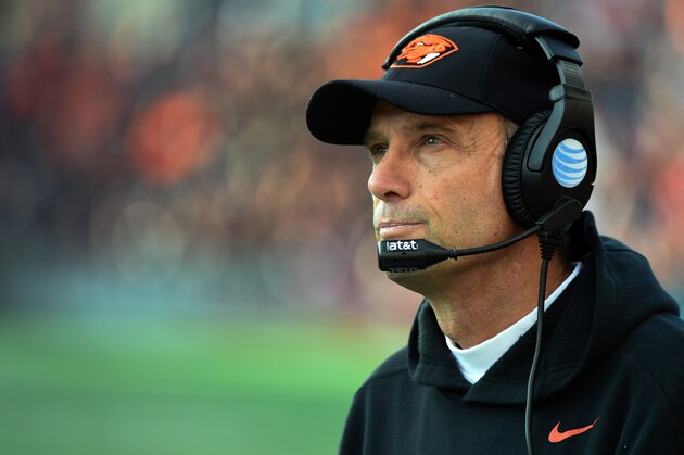 CORVALLIS, OR - NOVEMBER 08: Head coach Mike Riley looks on from the sidelines during the first half of the game against the Washington State Cougars at Reser Stadium on November 8, 2014 in Corvallis, Oregon. (Photo by Steve Dykes/Getty Images)