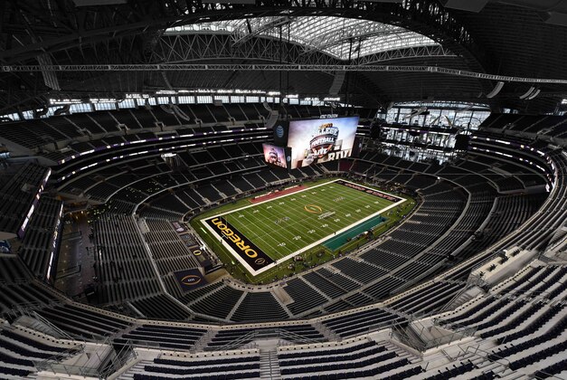 January 12, 2015; Arlington, TX, USA; General view of AT&T Stadium before the 2015 CFP National Championship Game between the Ohio State Buckeyes and the Oregon Ducks. Mandatory Credit: Kyle Terada-USA TODAY Sports