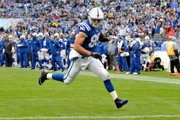 NASHVILLE, TN - DECEMBER 28:  Coby Fleener #80 of the Indianapolis Colts plays against the Tennessee Titans at LP Field on December 28, 2014 in Nashville, Tennessee.  (Photo by Frederick Breedon/Getty Images)