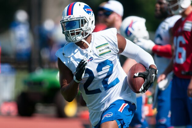 Jul 31, 2015; Pittsford, NY, USA; Buffalo Bills running back Fred Jackson (22) runs with the ball during training camp at St. John Fisher College. Mandatory Credit: Mark Konezny-USA TODAY Sports