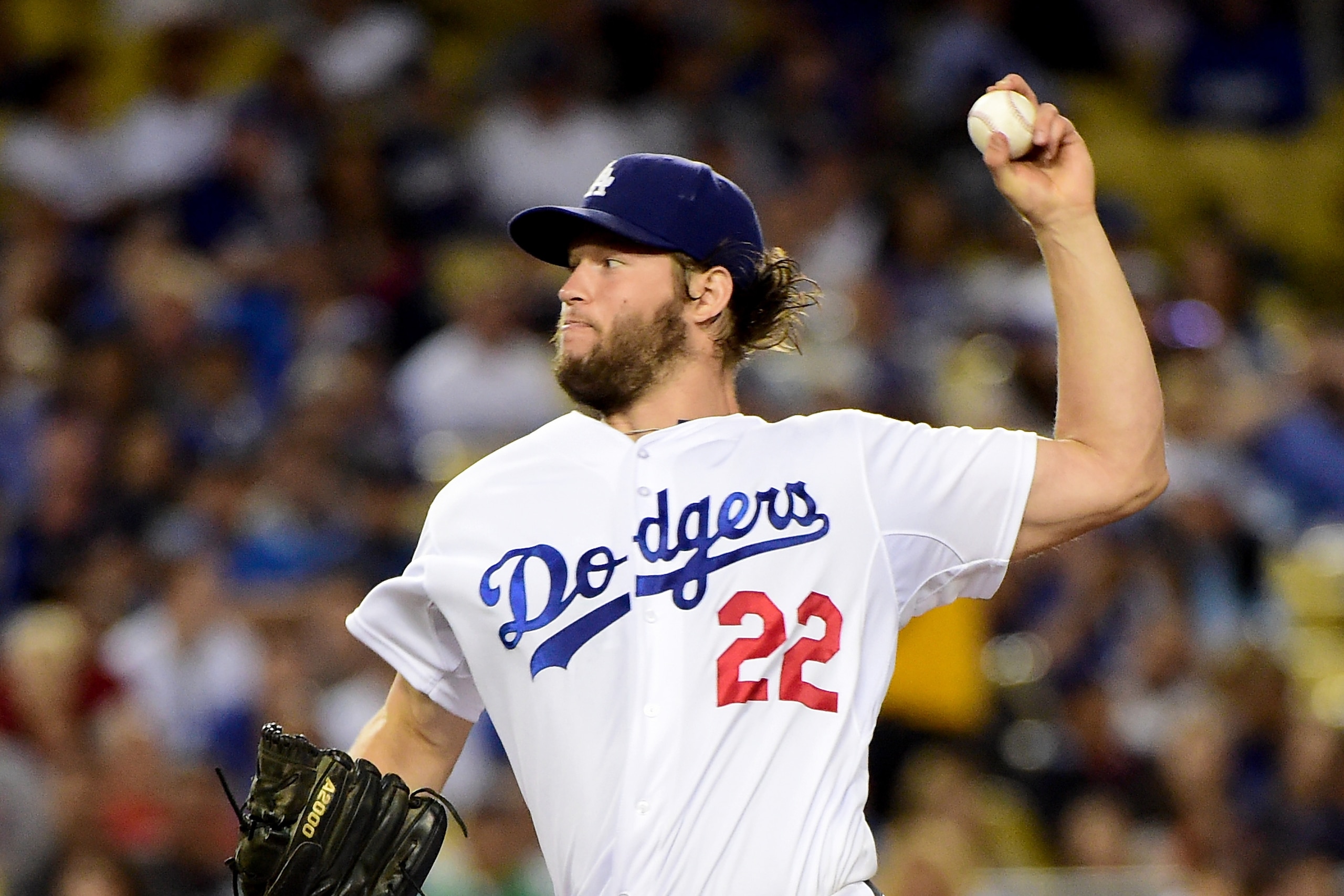 LOS ANGELES, CA - SEPTEMBER 02:  Clayton Kershaw #22 of the Los Angeles Dodgers pitches against the San Francisco Giants during the second inning at Dodger Stadium on September 2, 2015 in Los Angeles, California.  (Photo by Harry How/Getty Images)