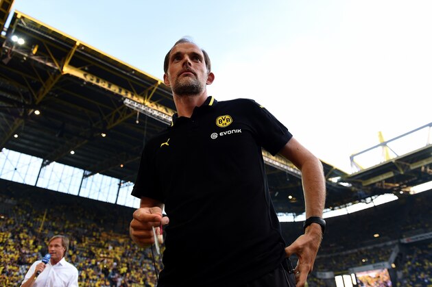 Dortmund's head coach Thomas Tuchel arrives for the UEFA Europa League third qualifying round second leg football match between Dortmund and Wolfsberg on August 6, 2015 in Dortmund, western Germany. AFP PHOTO / PATRIK STOLLARZ        (Photo credit should read PATRIK STOLLARZ/AFP/Getty Images)