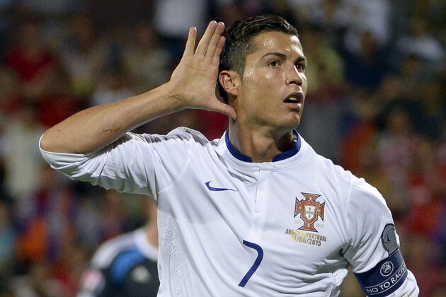 Portugal's forward Cristiano Ronaldo celebrates a goal during the UEFA Euro 2016 qualifying round Group I football match between Armenia and Portugal in Yerevan on June 13, 2015. AFP PHOTO / KAREN MINASYAN        (Photo credit should read KAREN MINASYAN/AFP/Getty Images)