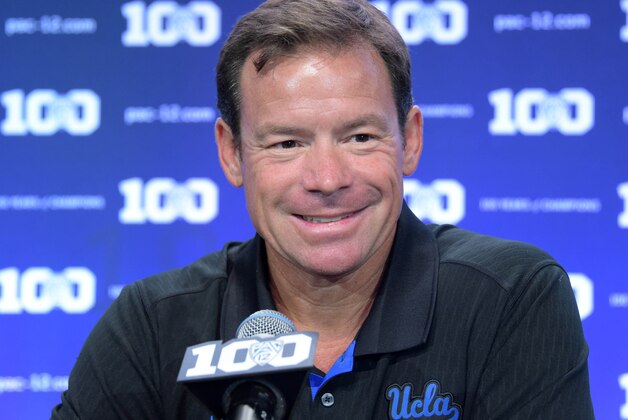 Jul 30, 2015; Burbank, CA, USA; UCLA Bruins coach Jim Mora at Pac-12 Media Day at Warner Bros. Studios. Mandatory Credit: Kirby Lee-USA TODAY Sports