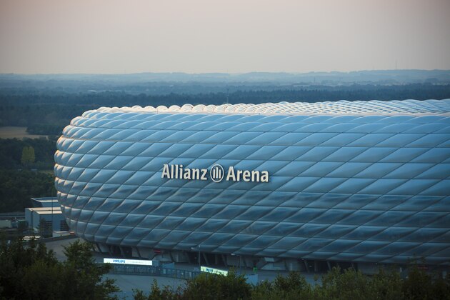 MUNICH, GERMANY - AUGUST 12: A new LED-lighting system of Philips illuminates the Allianz Arena stadium   on August 12, 2015 in Munich, Bavaria, Germany  (Photo by EyesWideOpen/Getty Images)