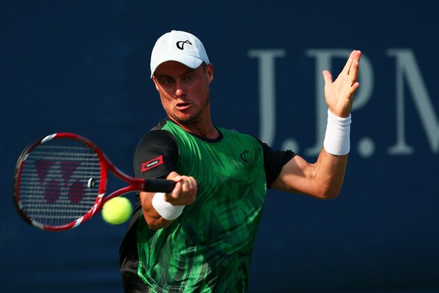 NEW YORK, NY - SEPTEMBER 01:  Lleyton Hewitt of Australia returns a shot to Aleksandr Nedovyesov of Kazakhstan against on Day Two of the 2015 US Open at the USTA Billie Jean King National Tennis Center on September 1, 2015 in the Flushing neighborhood of the Queens borough of New York City.  (Photo by Clive Brunskill/Getty Images)