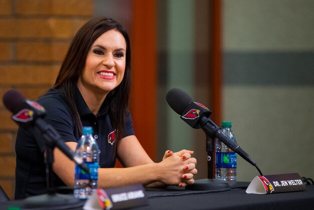 Jul 28, 2015; Tempe, AZ, USA; Arizona Cardinals inside linebackers intern and preseason coach Jen Welter during a press conference at the teams training facility. Mandatory Credit: Mark J. Rebilas-USA TODAY Sports
